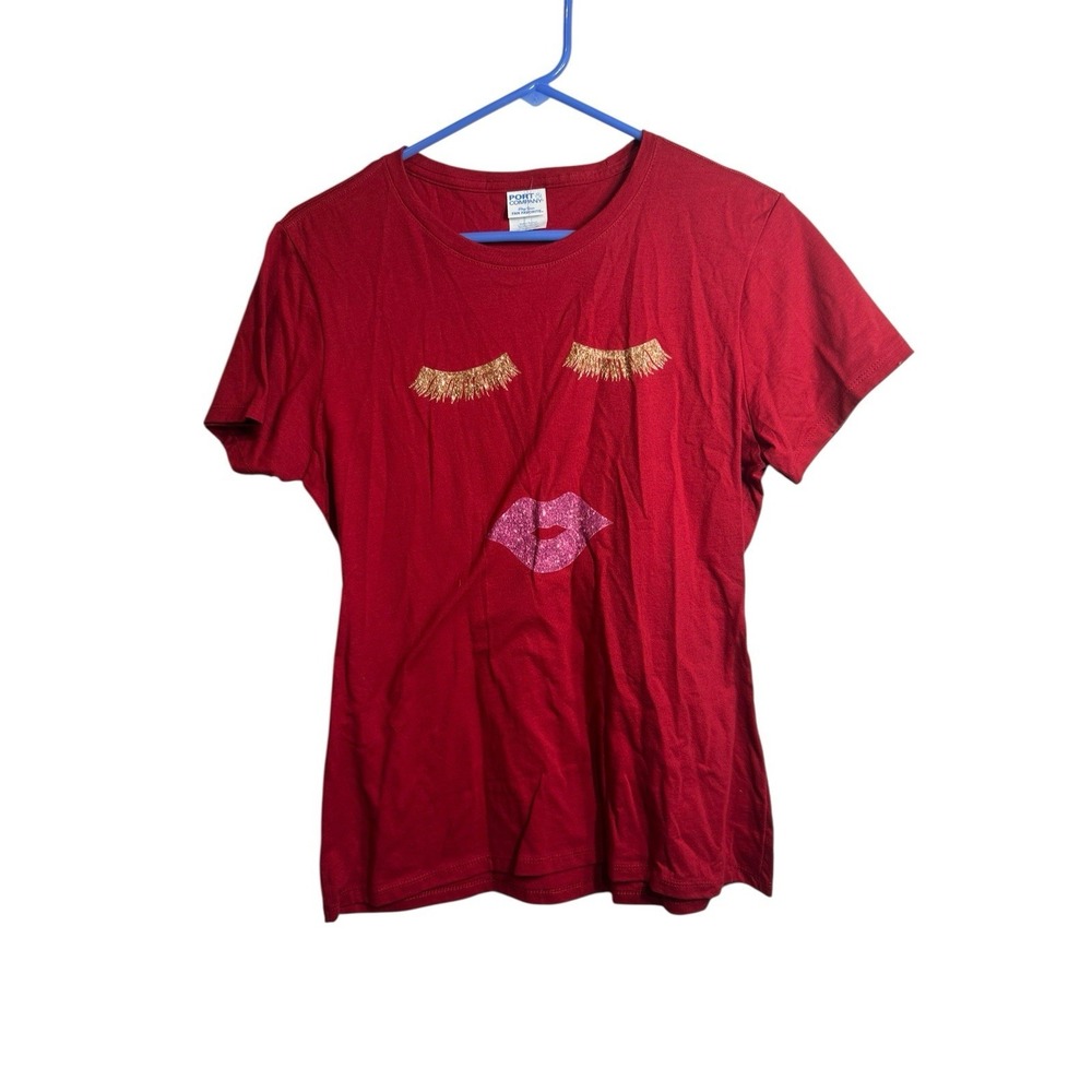 port & company womens short sleeve red shirt lashes pink lips‎ size medium